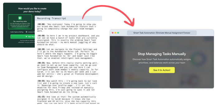 Chameleon's voice-to-demo workflow: a recording panel, an auto-generated transcript, and the resulting interactive demo, connected by a red arrow