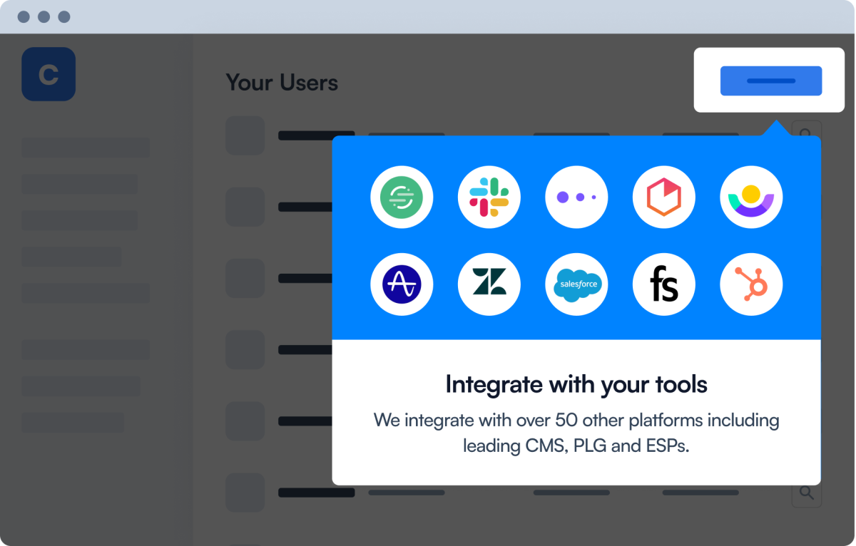 A Chameleon tooltip anchored to a UI button, showing a grid of integration partner logos and announcing support for over 50 platforms.
