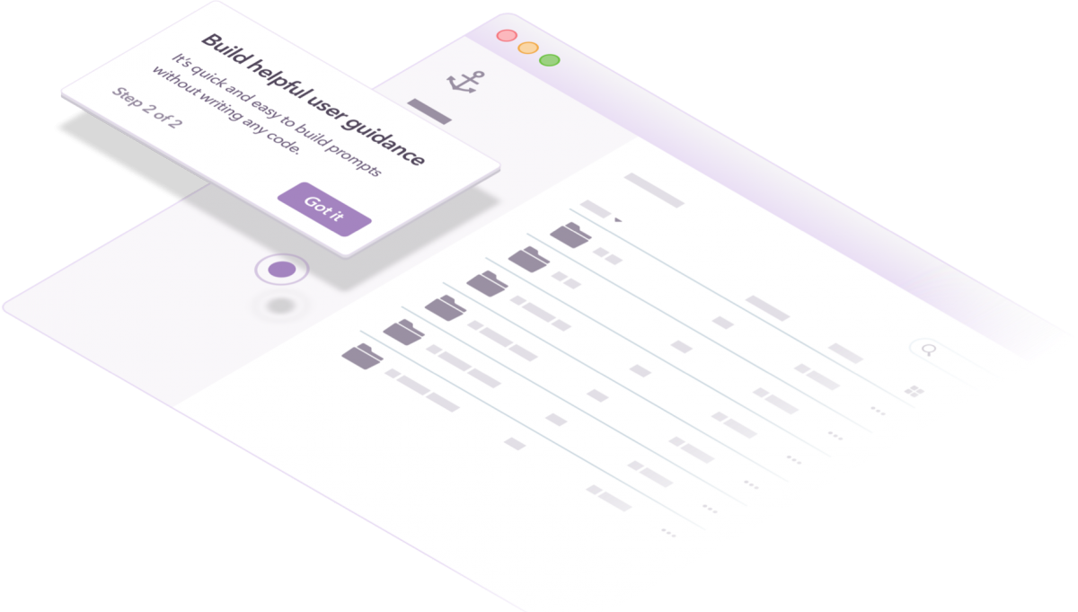 A step in a Chameleon product tour with a title, body copy, progress indicator, and CTA button, shown on a fictional product interface.
