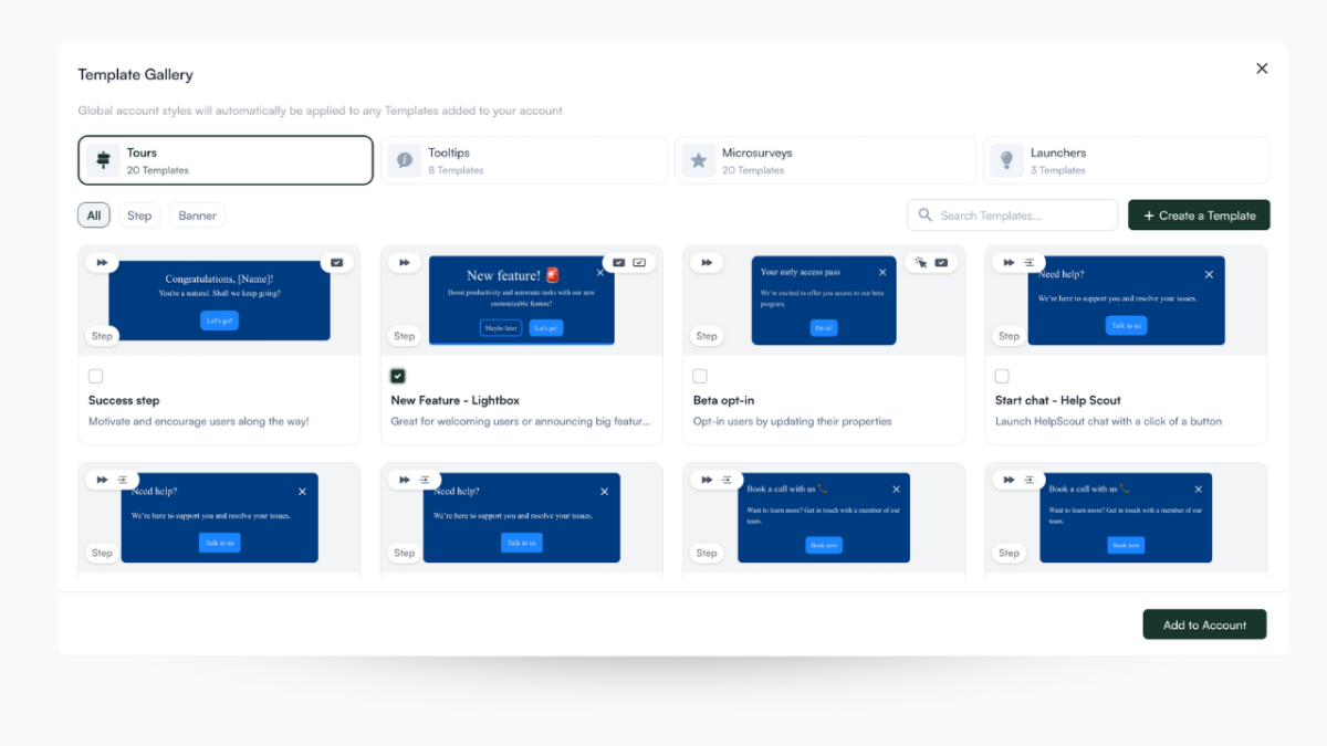 The Chameleon dashboard Template Gallery open to the Tours category, with the 'New Feature - Lightbox' template selected.