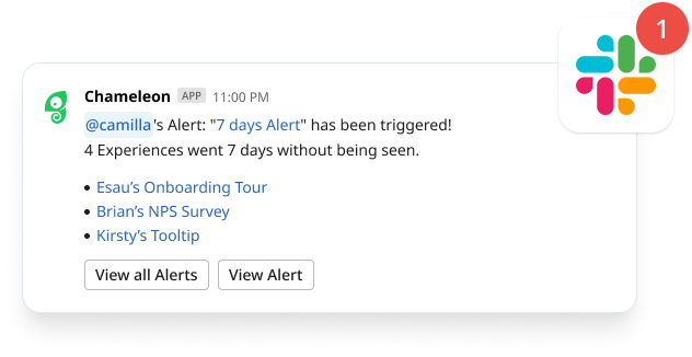 A Chameleon alert notification in Slack reporting that in-app experiences have gone unseen, with options to view the affected experiences.