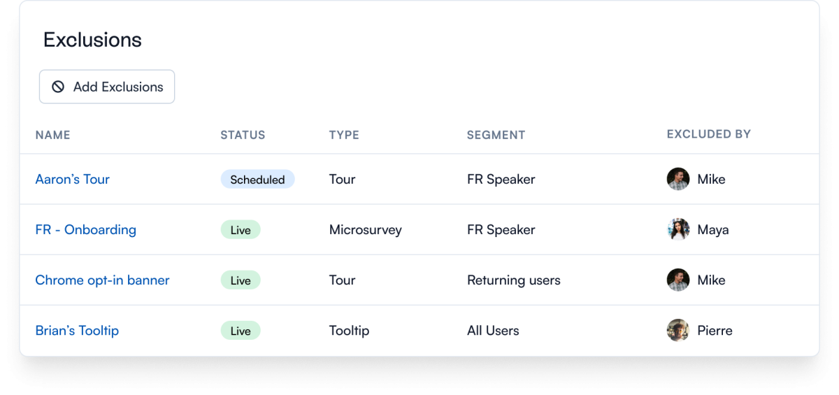 The Chameleon Rate Limiting Exclusions interface listing experiences by name, status, type, user segment, and the team member who excluded them.