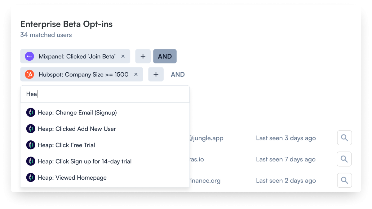 The Chameleon segment builder with AND-linked conditions from Mixpanel and HubSpot, and an open dropdown for searching additional integration events.