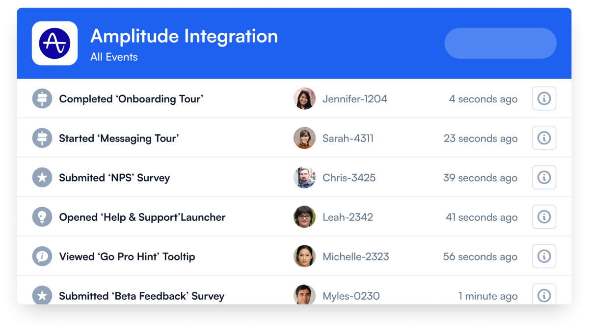 Amplitude's event feed showing Chameleon user interactions tracked in real time, including tour completions, survey submissions, and tooltip views.