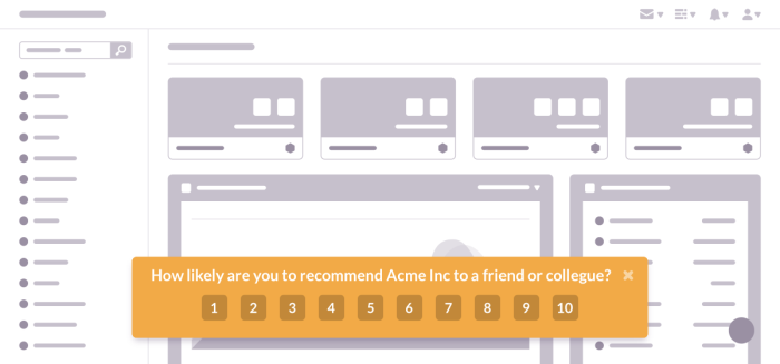 A Chameleon NPS microsurvey displaying a recommendation likelihood prompt with a 1–10 scale, shown as an orange banner overlaid on a wireframed product interface.