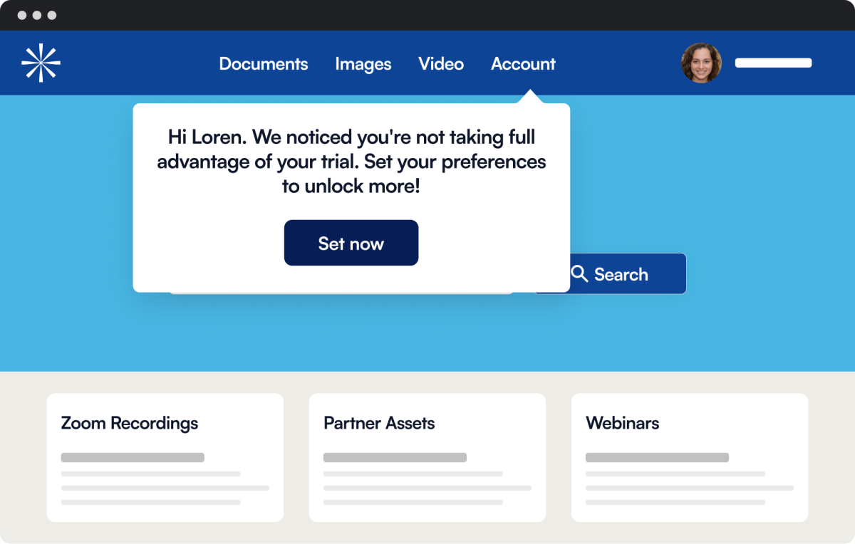 A Chameleon in-app tooltip with a personalized message prompting a user to set their preferences to unlock more of their trial.