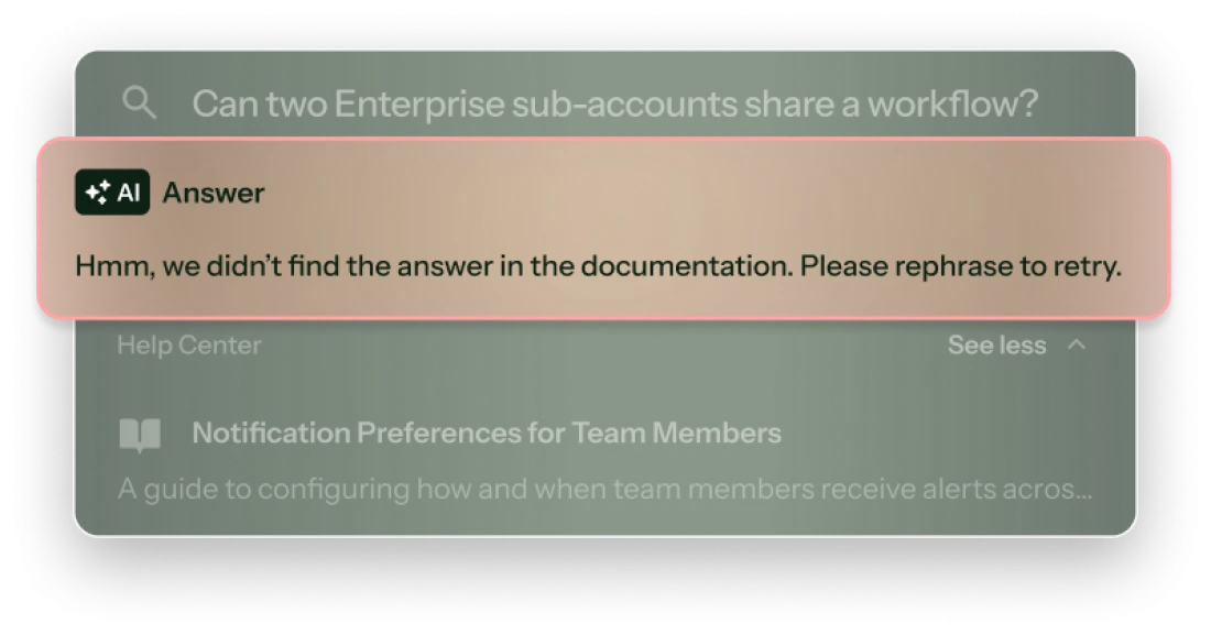 A Chameleon HelpBar AI Answer saying it couldn't find that in the documentation, with a Help Center article about notification preferences listed below.