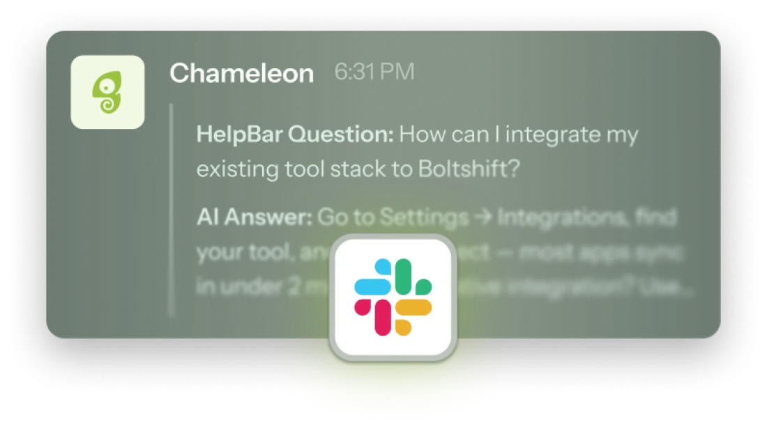 A Slack message from the Chameleon app showing a HelpBar question and its AI-generated answer, with the Slack logo overlaid.