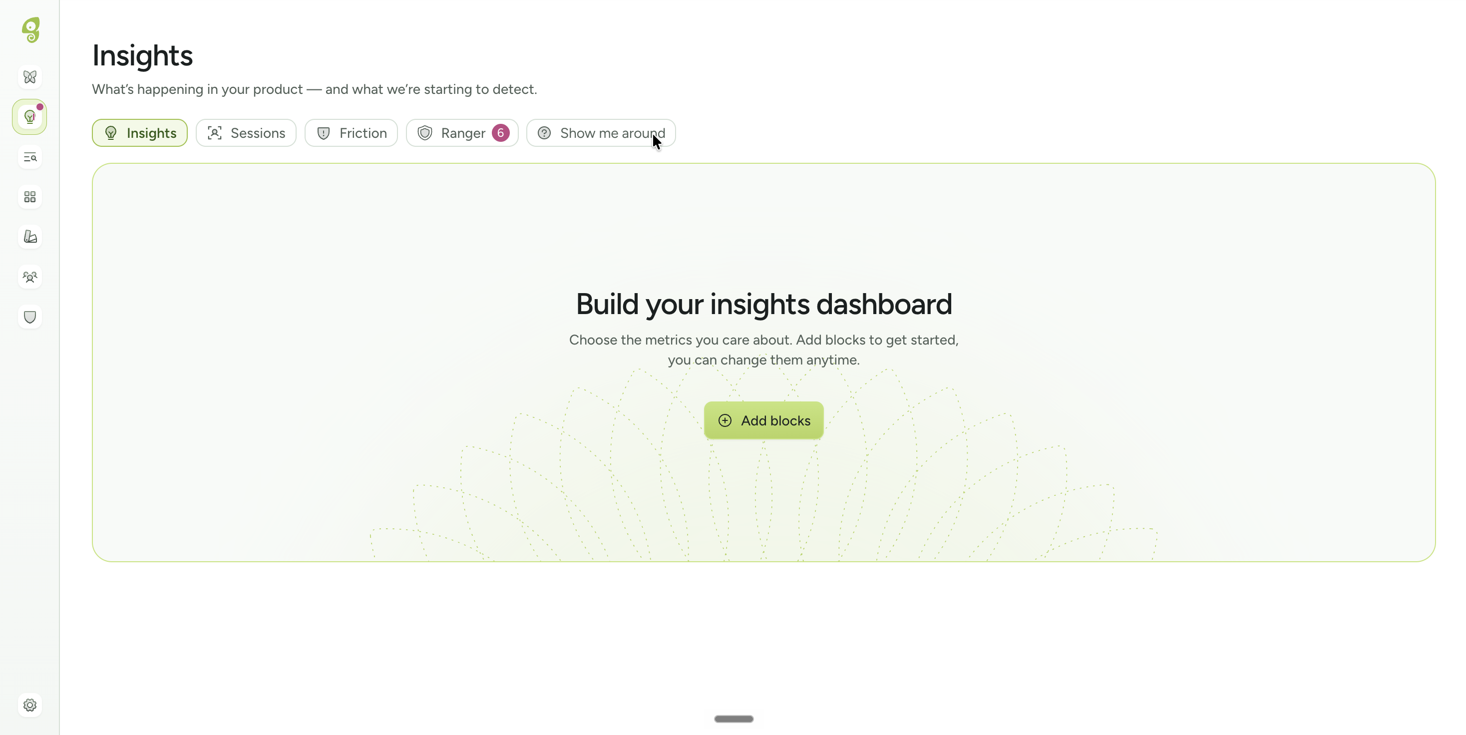 Insights page with a “Show me around” icon in line with the other tabs at the top of the page