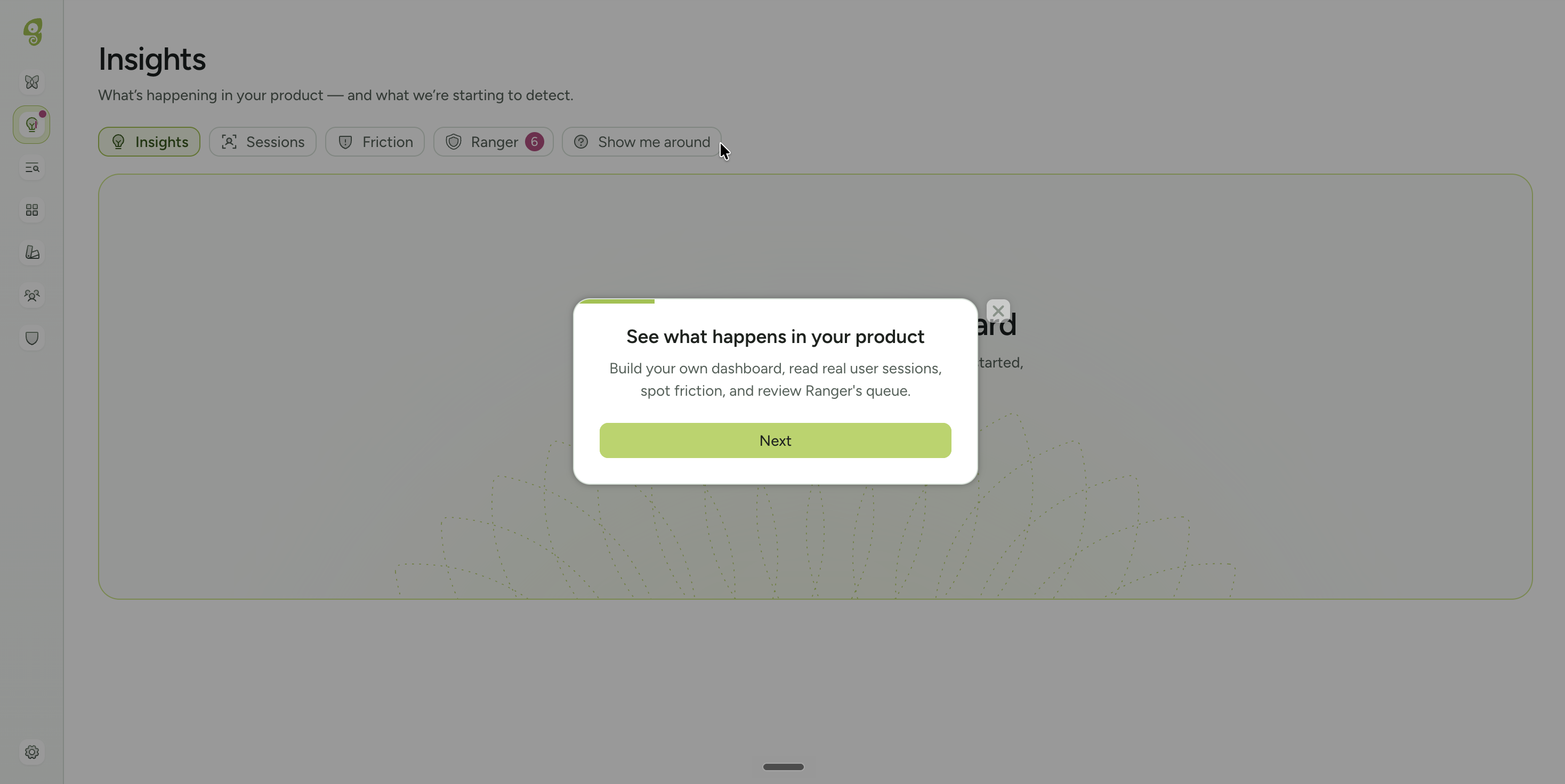 Centered tour step titled “See what happens in your product” with a Next button