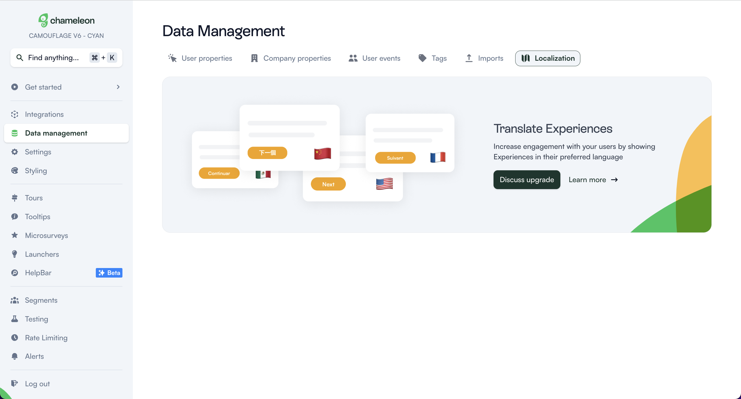 The Chameleon dashboard's Data Management page showing an upsell for translating experiences into users' preferred languages.