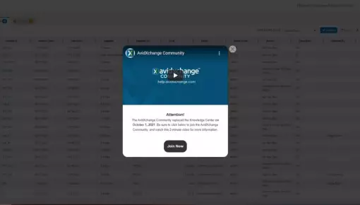A pop-up modal from AvidXchange prompts users to watch an informative video, offering an engaging, in-app onboarding experience
