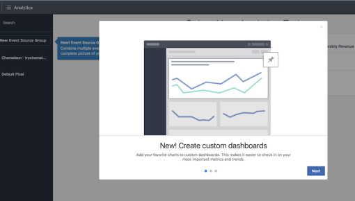 A step in a Facebook Ads product tour announcing custom dashboards, with an illustration.