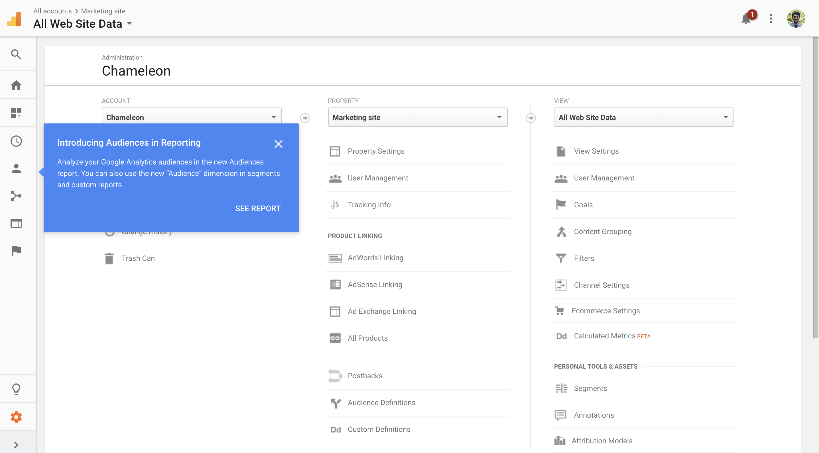 A feature announcement tooltip in Google Analytics, anchored to the left navigation bar.