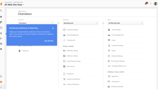 A feature announcement tooltip in Google Analytics, anchored to the left navigation bar.