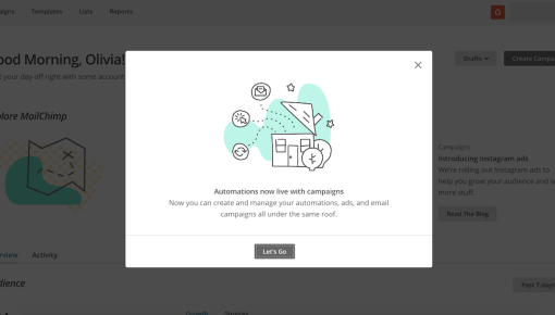 MailChimp feature announcement modal