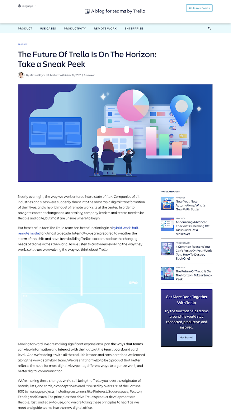 The Trello blog article announcing upcoming product updates, with an illustration.