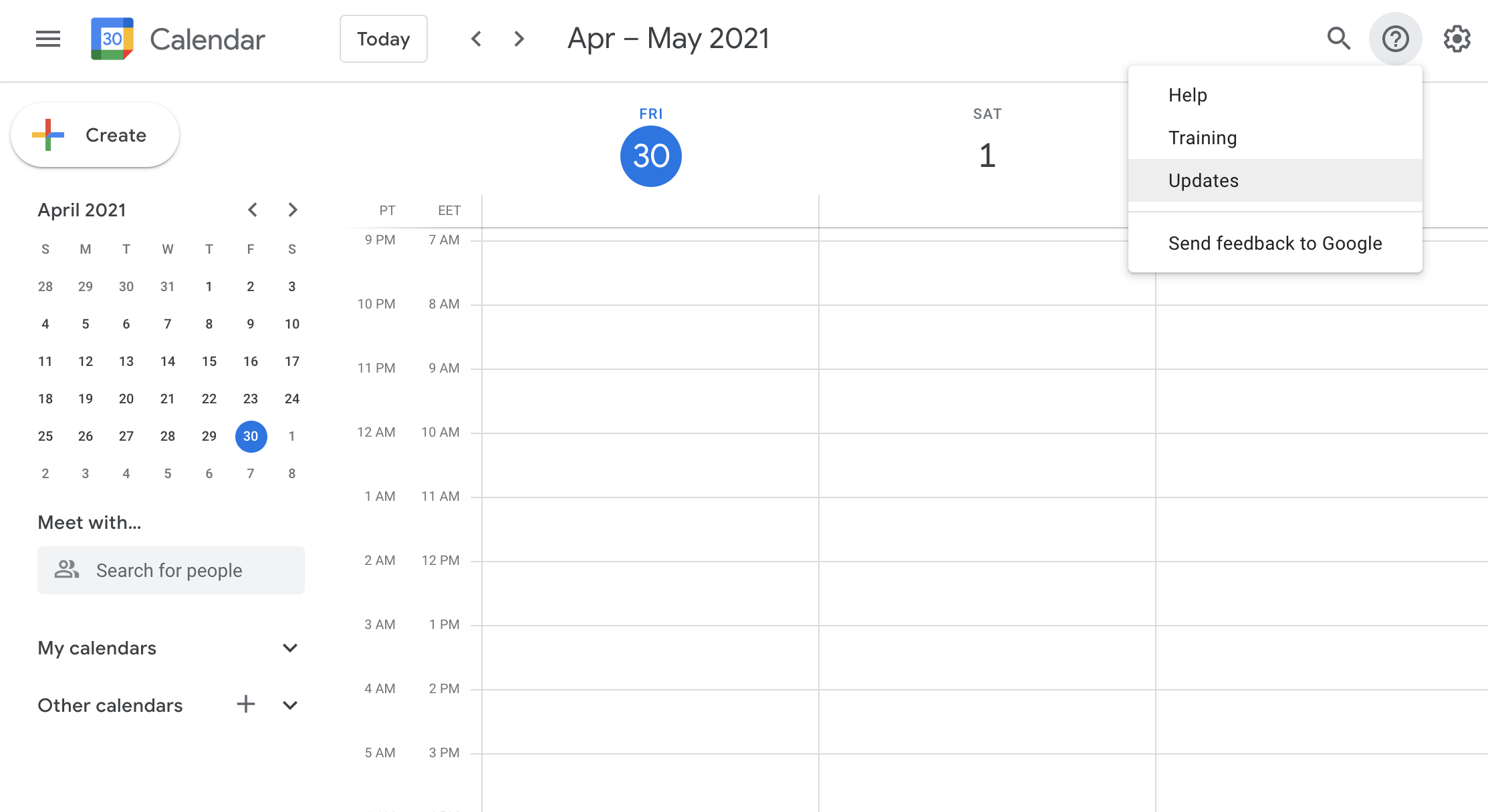 Google Calendar with a support menu open from the top-bar help icon, offering links to help, training, and product updates.