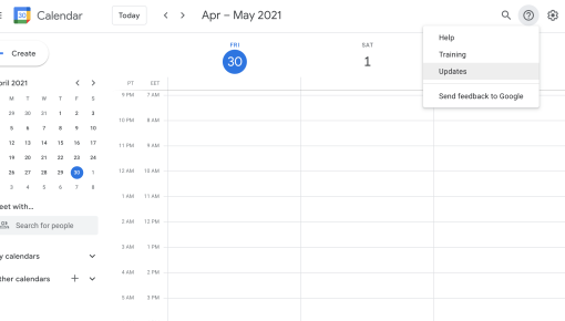 Google Calendar with a support menu open from the top-bar help icon, offering links to help, training, and product updates.