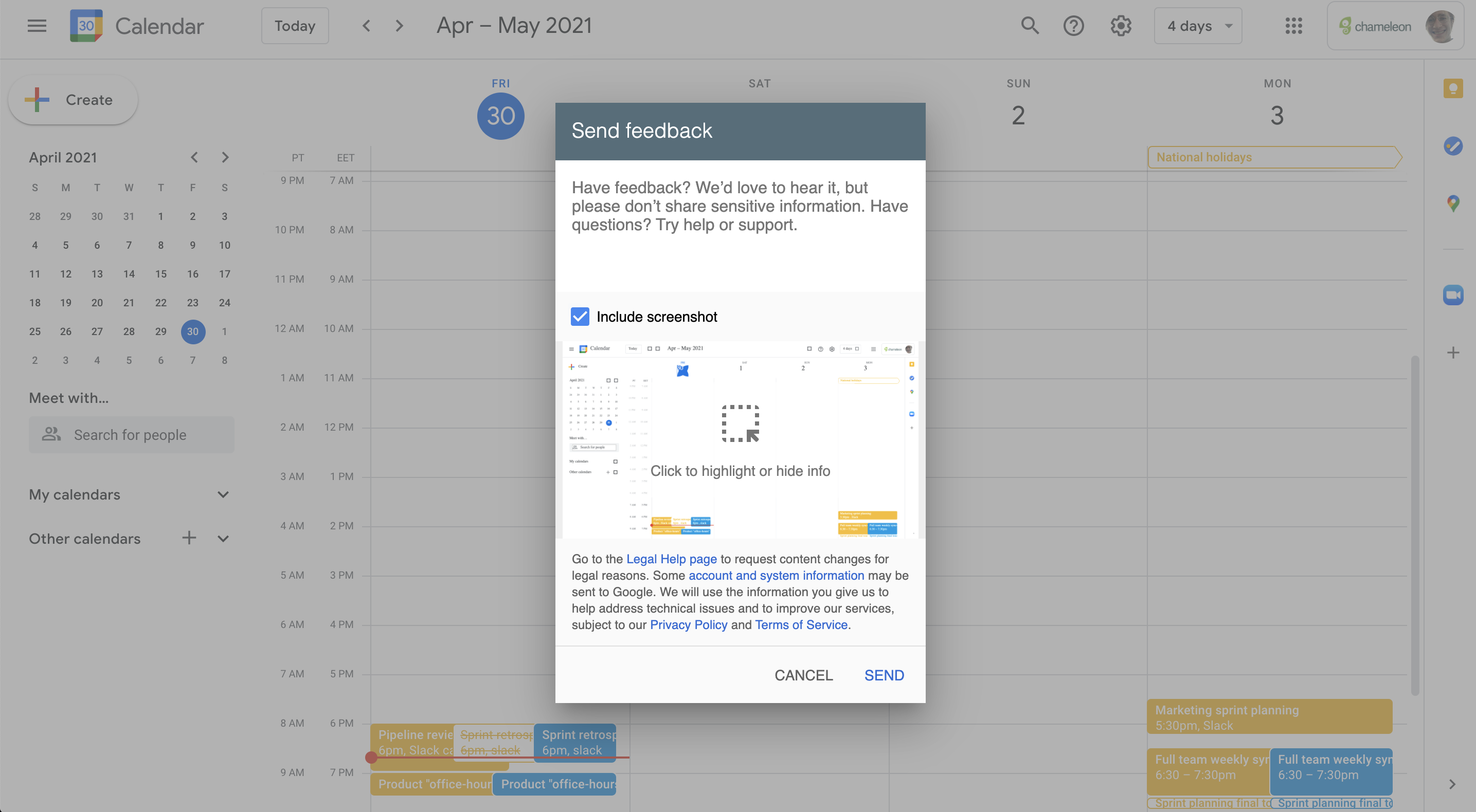 Google Calendar's Send Feedback dialog, with a checkbox to include a screenshot of the current view.