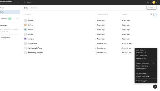 Figma's in-app launcher offering help resources, feedback options, and support links