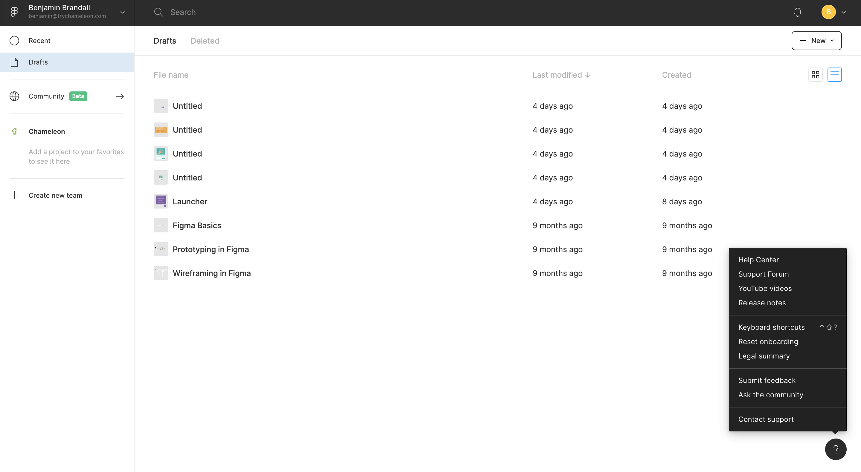 Figma's in-app launcher offering help resources, feedback options, and support links