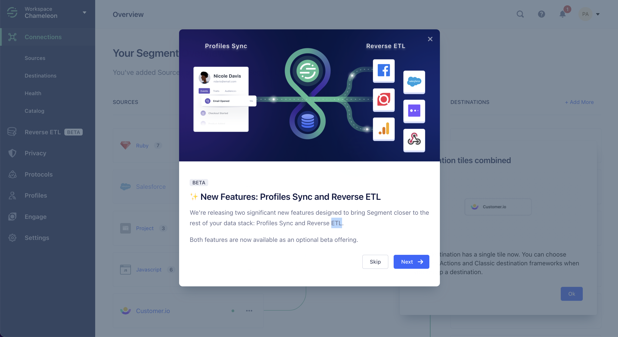 A Segment feature announcement for new beta data pipeline capabilities, with a data-flow diagram showing user profiles flowing to integration destinations.
