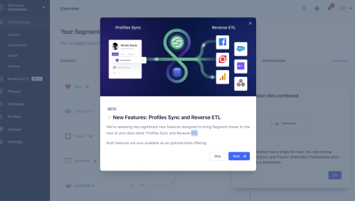 A Segment feature announcement for new beta data pipeline capabilities, with a data-flow diagram showing user profiles flowing to integration destinations.