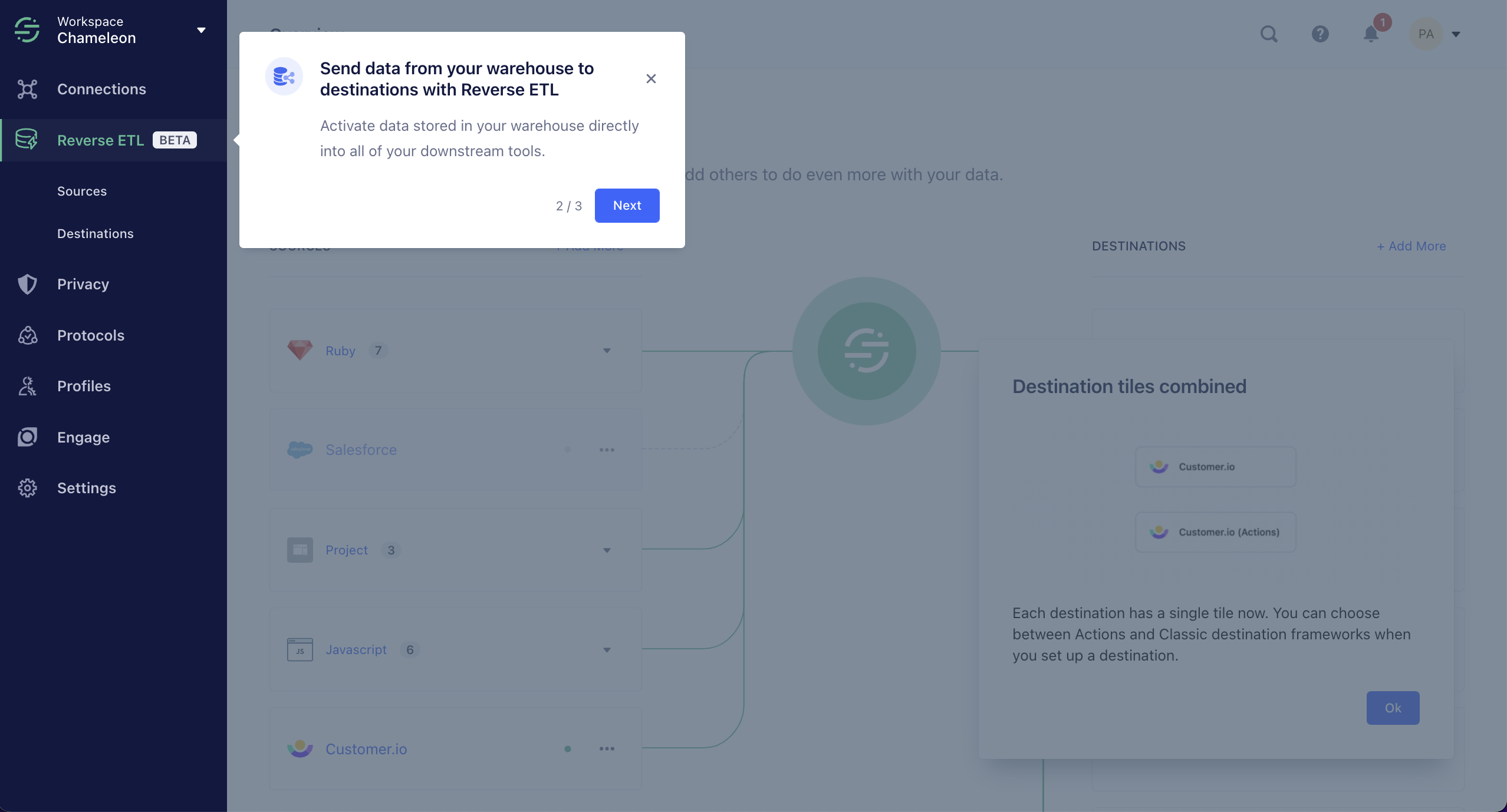 A step in a Segment product tour announcing a new data pipeline feature