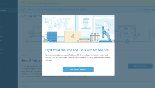 A Sift Science welcome modal with an illustration, a heading, a brief description, and a 'Get Started with Sift' CTA.