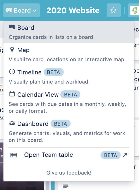 A Trello dropdown panel listing board view options and announcing several new visualization types in beta.