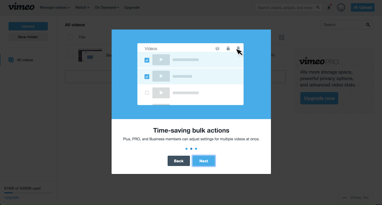 Vimeo onboarding modal tour
