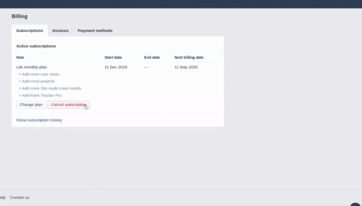 The Ahrefs billing page showing a cancellation retention flow that gives users the option to contact support in app before cancelling their plan.