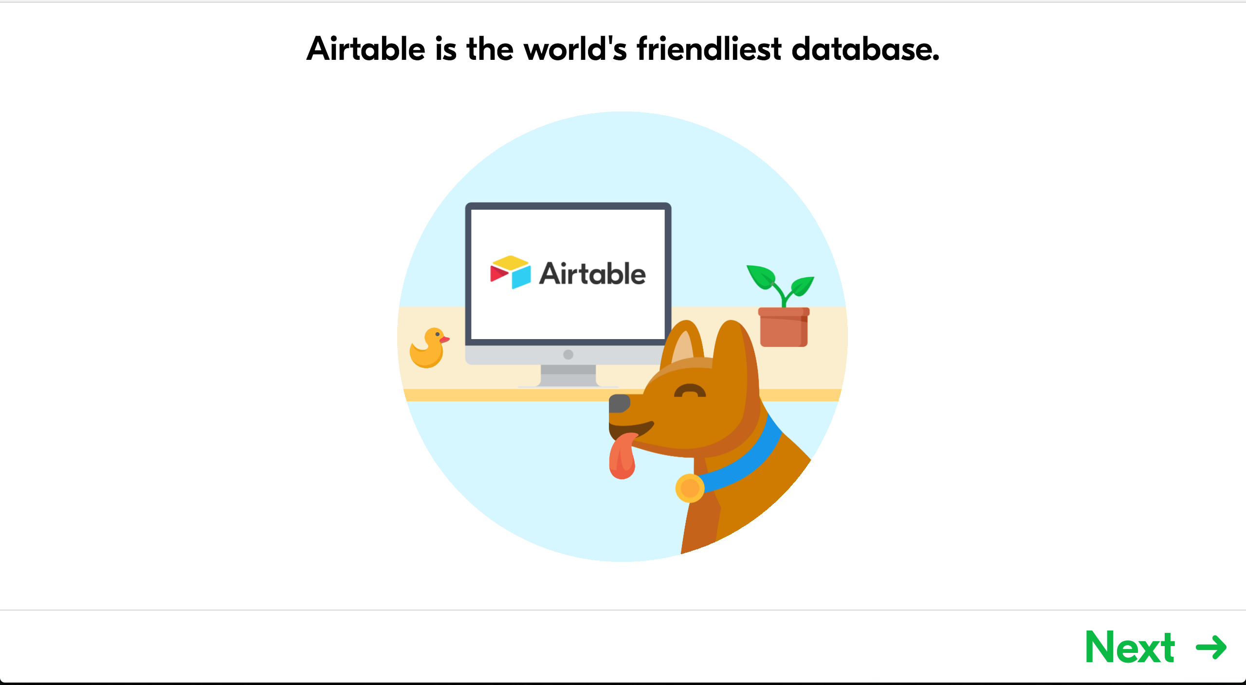 The first step of an Airtable onboarding tour, showing a welcome screen with an illustrated mascot and product value proposition.