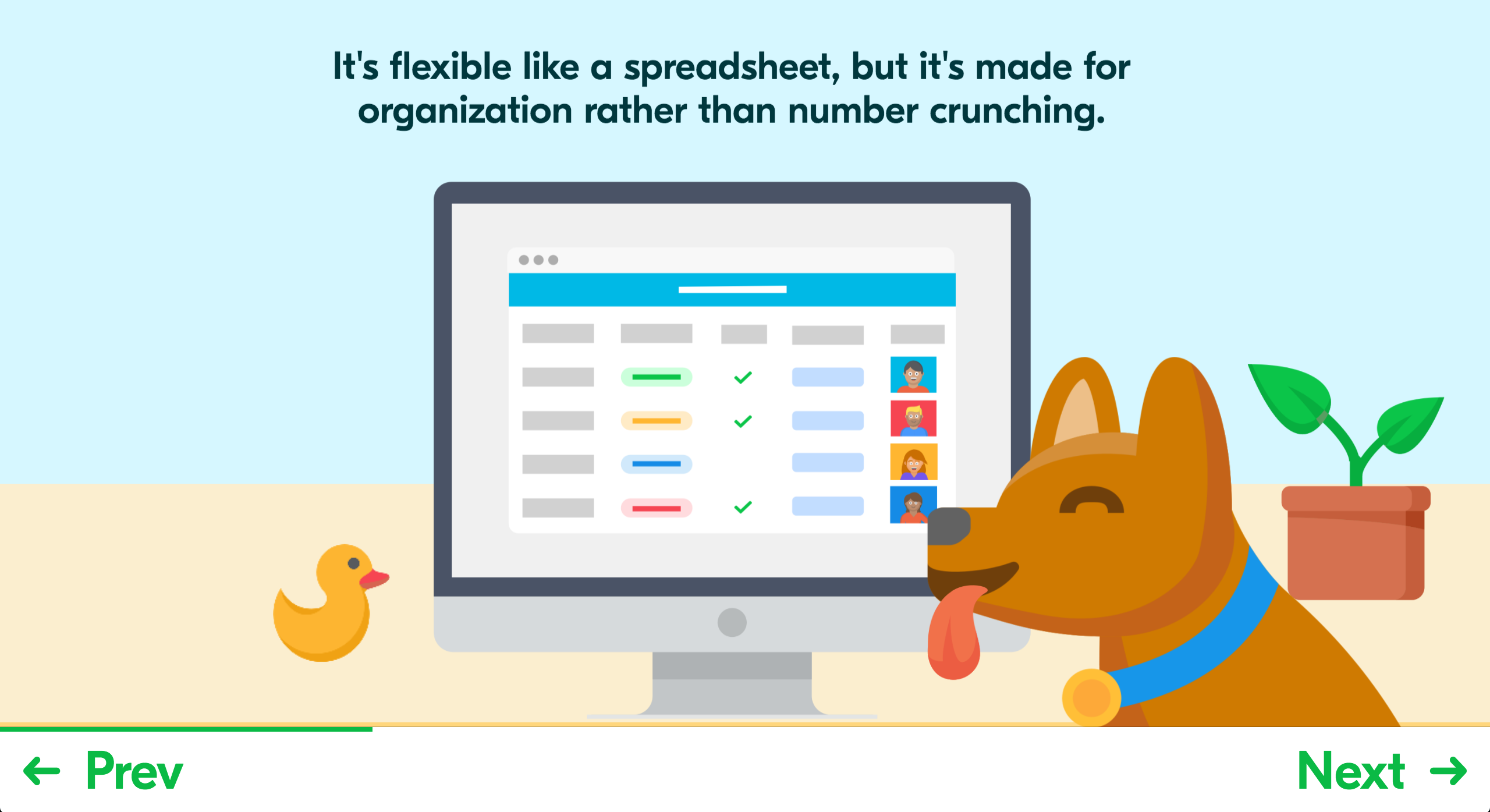 A step in Airtable's onboarding product tour communicating the product's core value proposition, illustrated with a stylized spreadsheet UI.