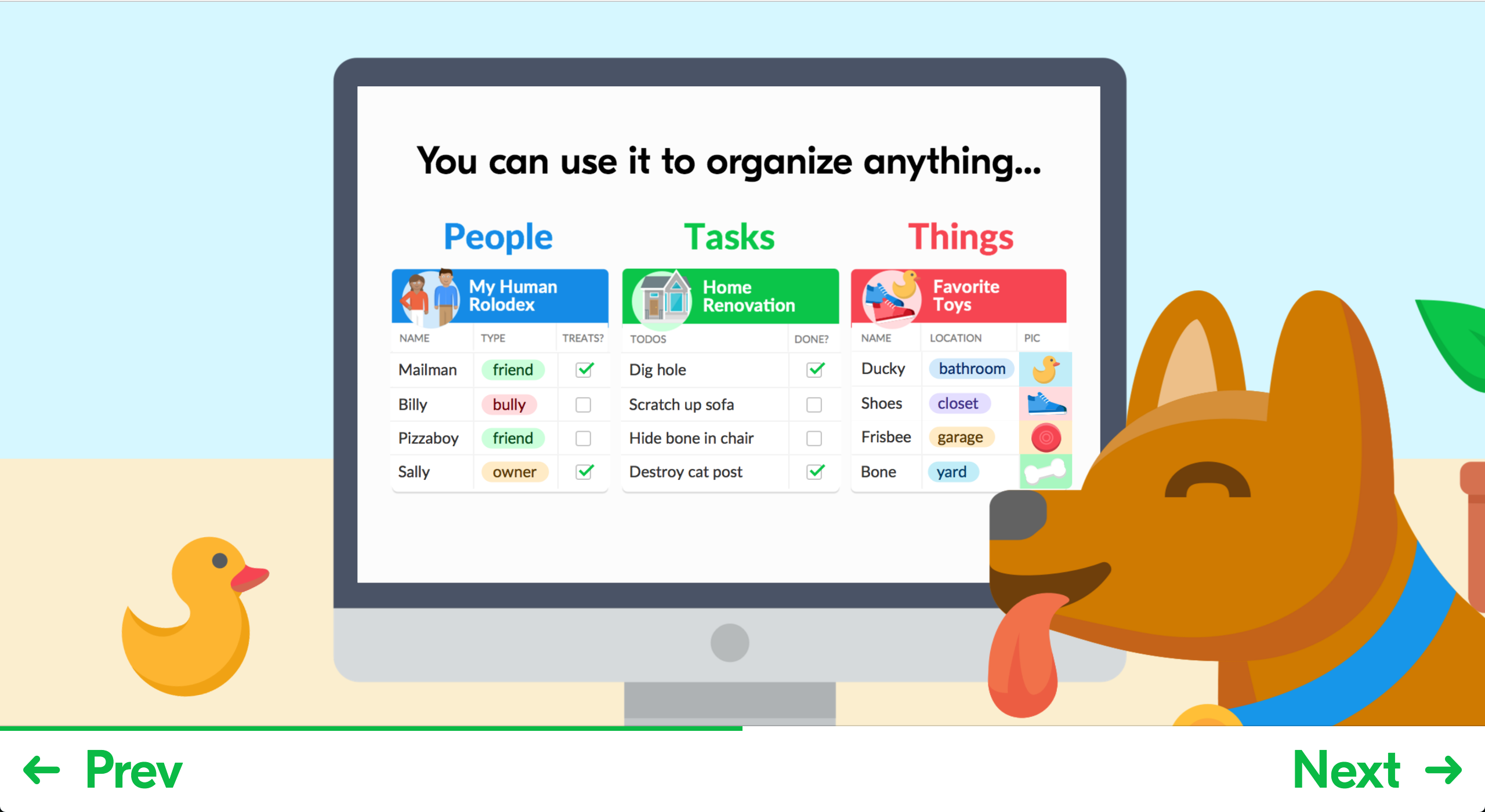 An Airtable onboarding tour step demonstrating the product's versatility across three use cases: people, tasks, and things.