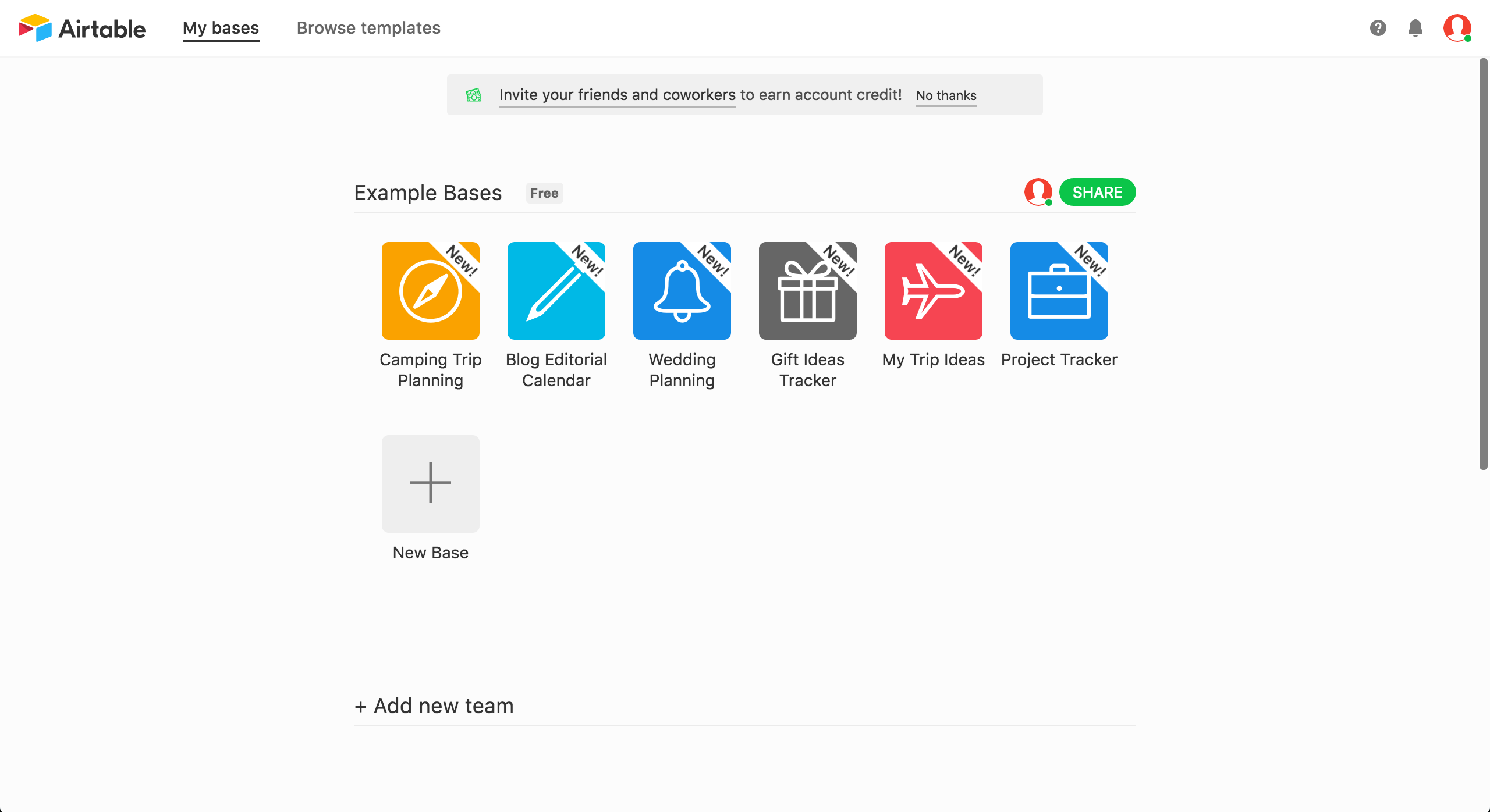 Airtable's My Bases page showing a grid of pre-made template bases for new users.