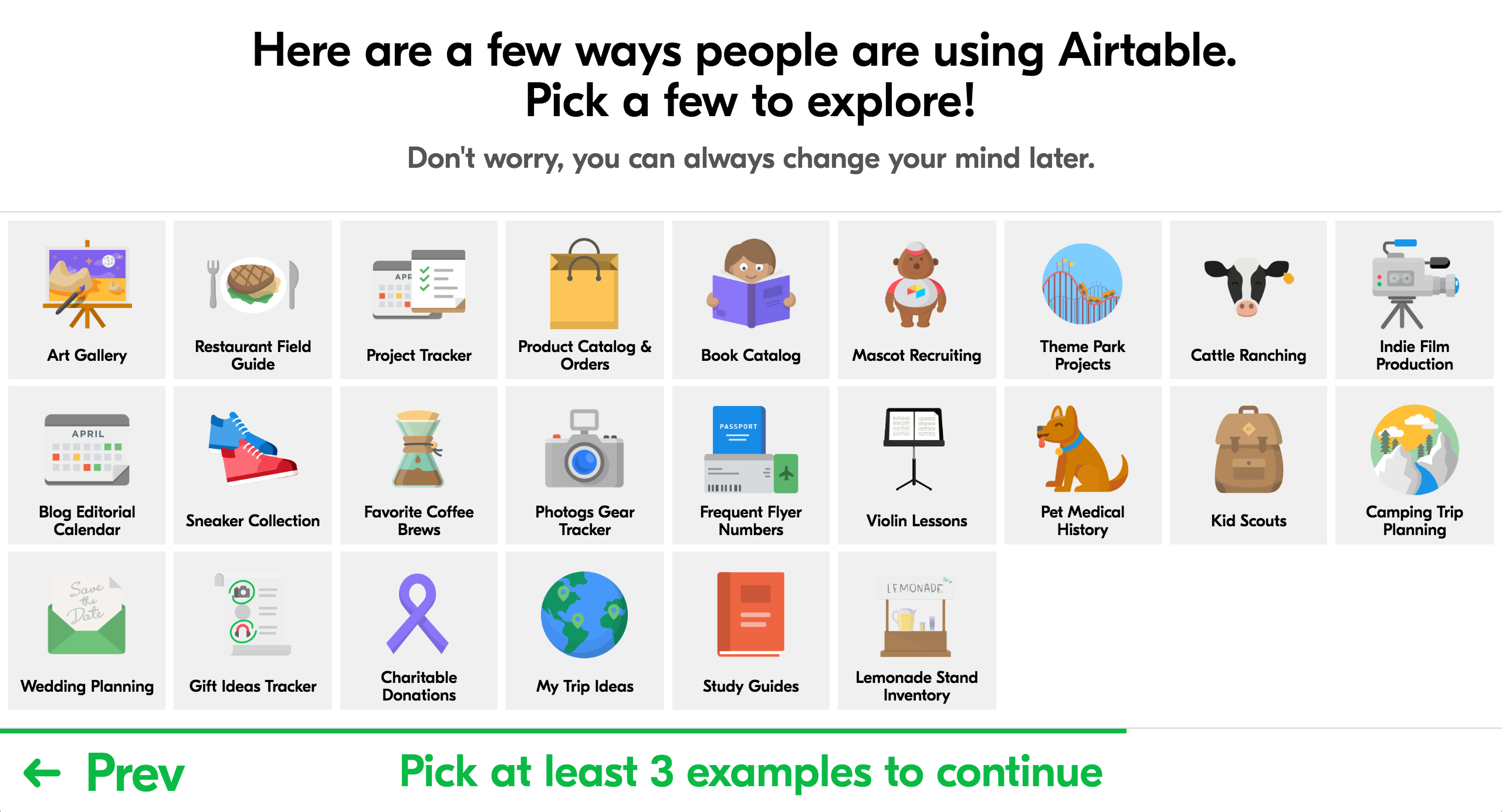A step in an Airtable onboarding tour prompting new users to select use cases from a grid of illustrated templates.
