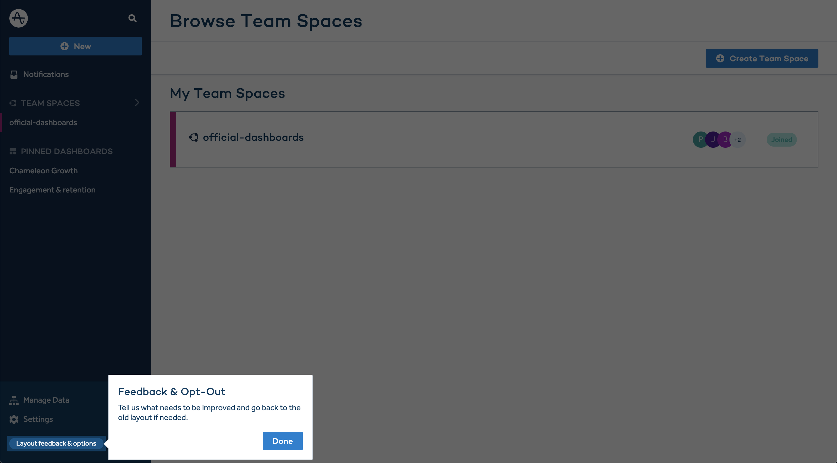 The final step of an Amplitude redesign tour, offering users feedback on the new layout and the option to revert to the previous one.