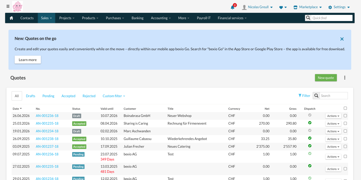 bexio desktop quoting page with an embedded banner above the quotes table announcing a new mobile app feature for creating quotes on the go