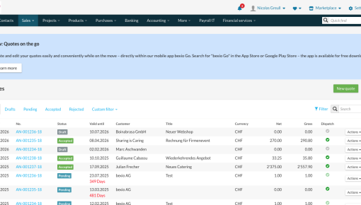 bexio desktop quoting page with an embedded banner above the quotes table announcing a new mobile app feature for creating quotes on the go