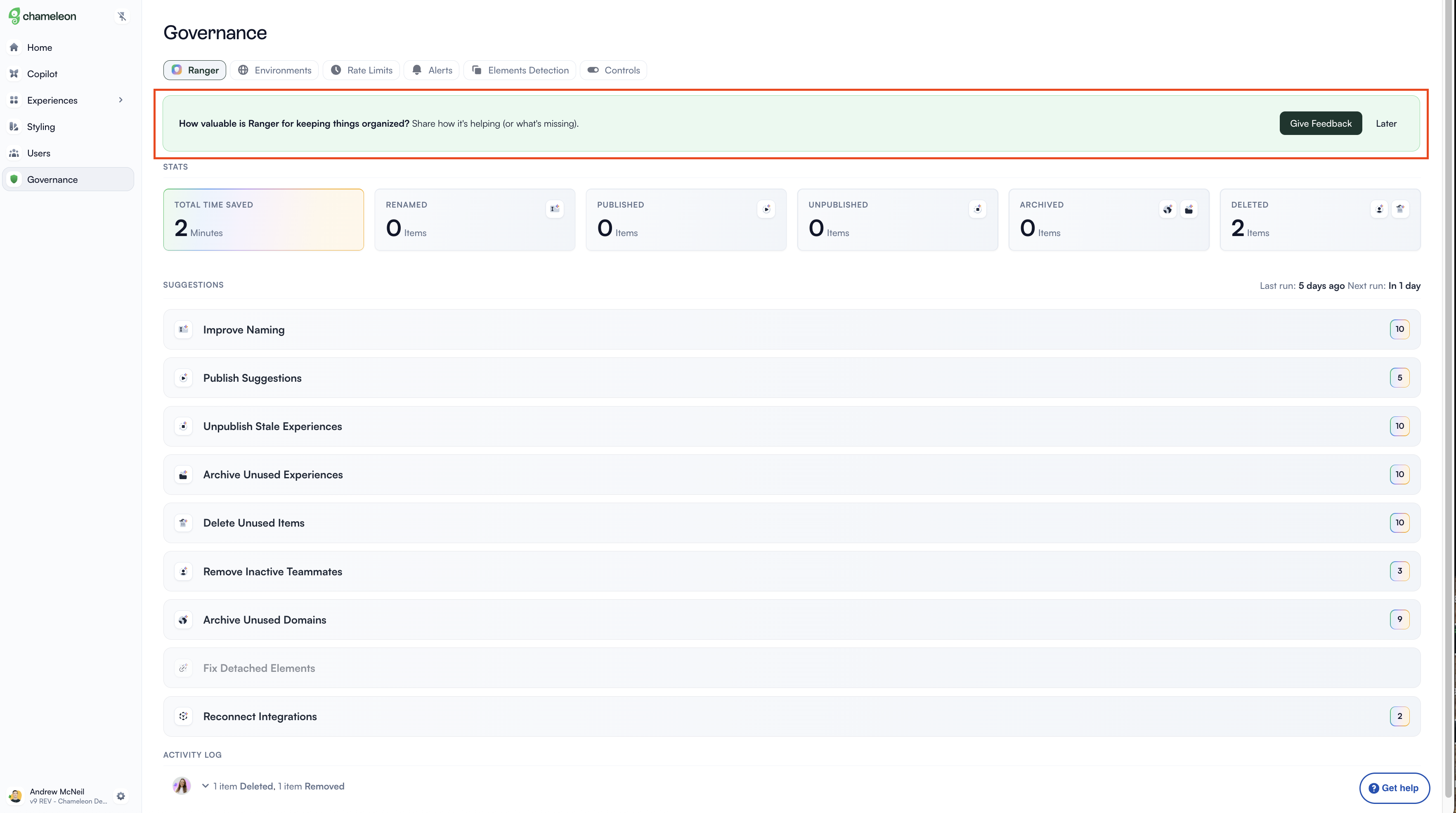 An embedded banner on Chameleon's Governance page asking users how valuable the AI-powered cleanup feature has been, with a 'Give Feedback' button and a 'Later' dismissal option.