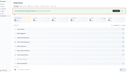 An embedded banner on Chameleon's Governance page asking users how valuable the AI-powered cleanup feature has been, with a 'Give Feedback' button and a 'Later' dismissal option.