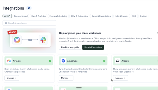 Chameleon Integrations page with a full-width embedded card at the top announcing new capability for the Slack integration, featuring a Chameleon-to-Slack graphic, descriptive copy, and two CTAs: 'Read the help guide' and 'Update Permissions'