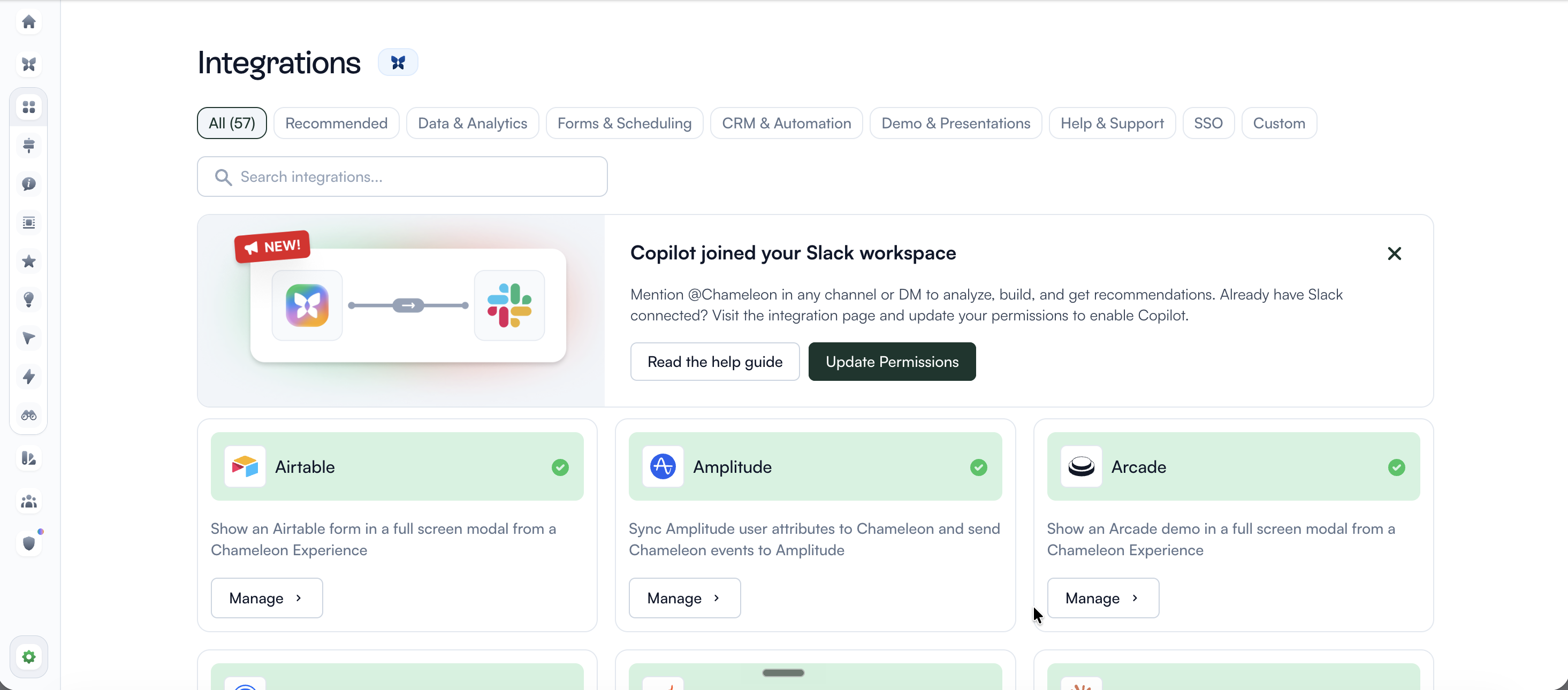 Chameleon Integrations page with a full-width embedded card at the top announcing new capability for the Slack integration, featuring a Chameleon-to-Slack graphic, descriptive copy, and two CTAs: 'Read the help guide' and 'Update Permissions'