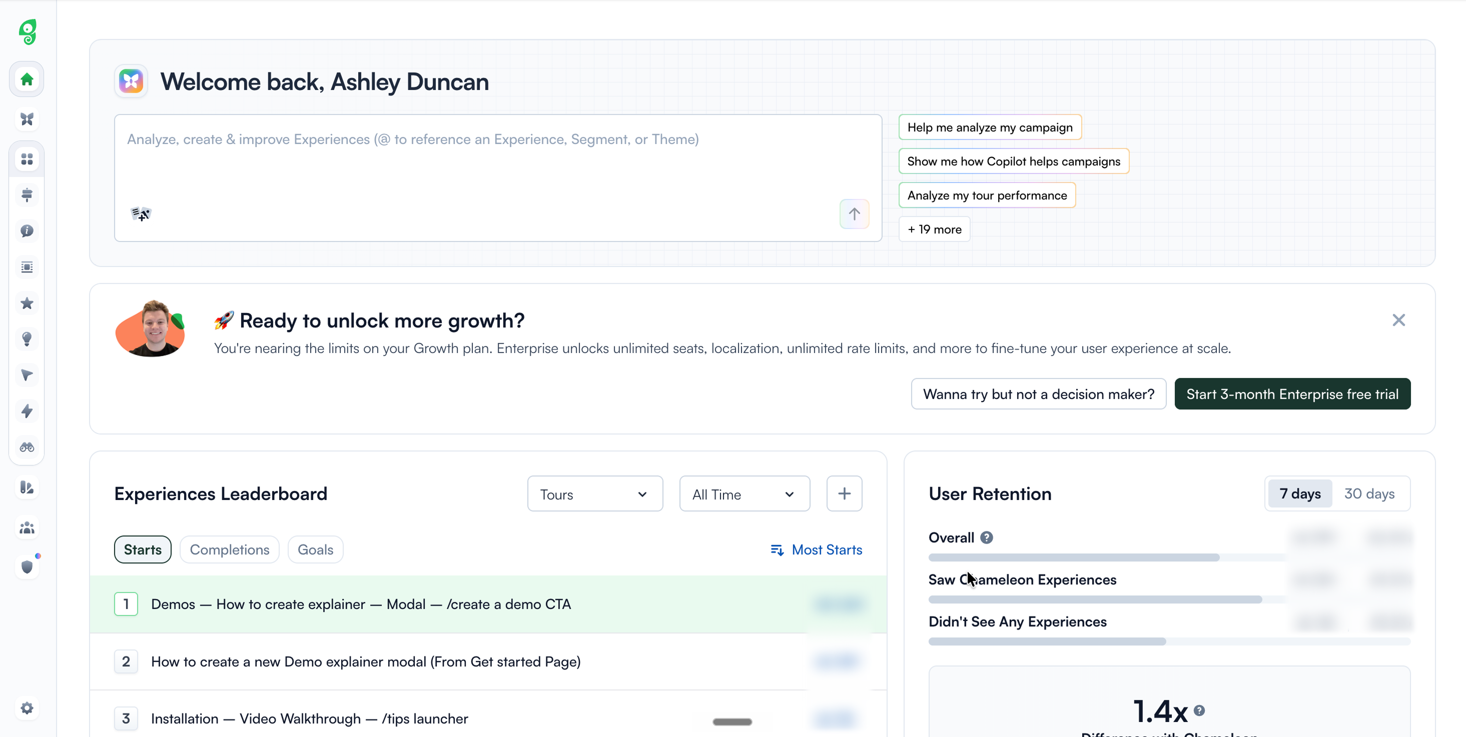 Chameleon dashboard showing an embedded card with a profile photo, headline 'Ready to unlock more growth?', description of Enterprise plan benefits, and two CTAs: one to start a three-month Enterprise free trial and one for users who are not the decision-maker