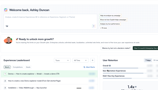 Chameleon dashboard showing an embedded card with a profile photo, headline 'Ready to unlock more growth?', description of Enterprise plan benefits, and two CTAs: one to start a three-month Enterprise free trial and one for users who are not the decision-maker