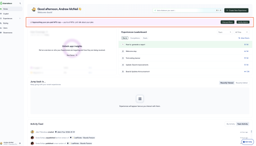 A pink embedded banner on the Chameleon dashboard alerts users that the account is at 90% of its pre-paid usage cap, with 'Discuss Plans' and 'Notify Admin' CTAs.