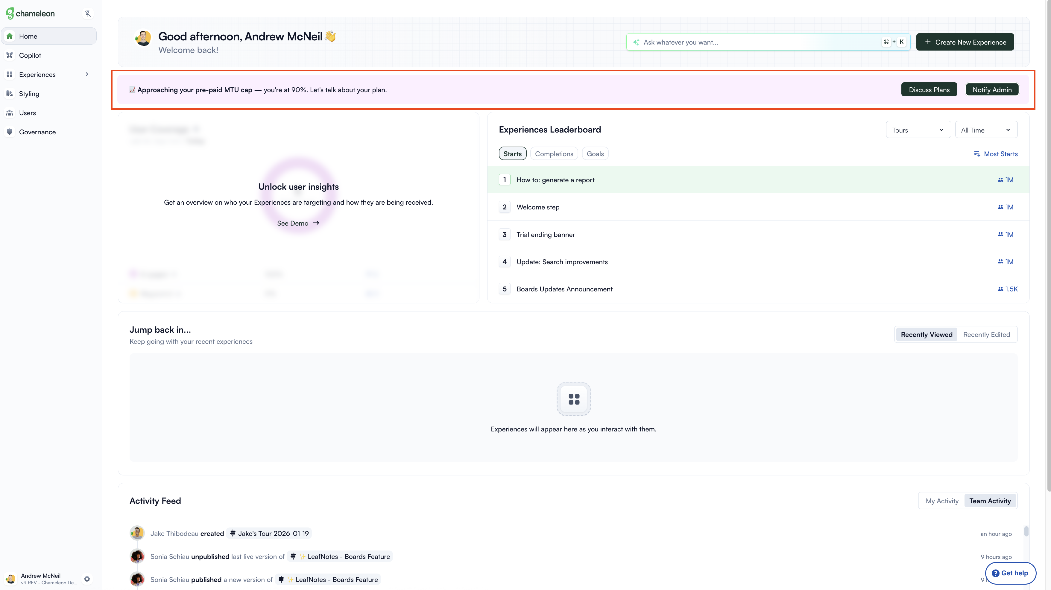 A pink embedded banner on the Chameleon dashboard alerts users that the account is at 90% of its pre-paid usage cap, with 'Discuss Plans' and 'Notify Admin' CTAs.