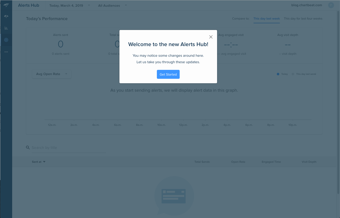 The opening step of a Chartbeat product tour announcing a redesigned interface